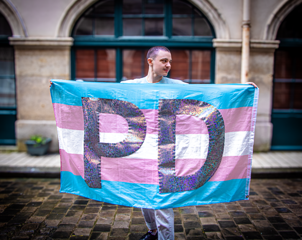 Broderie à sequin sur un drapeau&nbsp;trans
